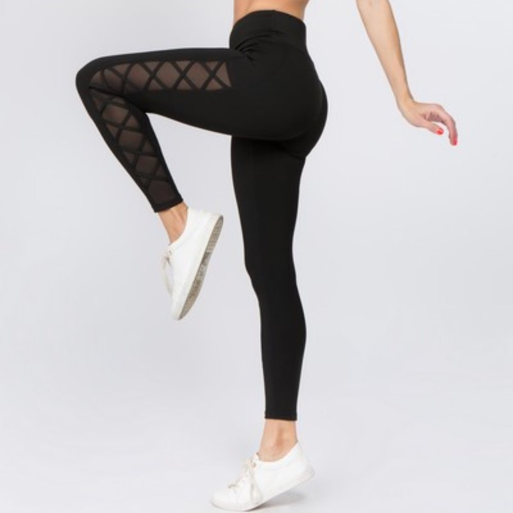 Active Lace-Up Mesh Side Workout Leggings - BLACK